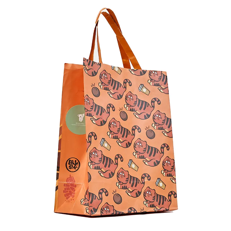 Individueller Tierdruck orangefarbenes Tigermuster horizontale Luxus-Papiertüten 230 gsm große tote-Taschen zum Einkaufen Lebensmittelverpackung