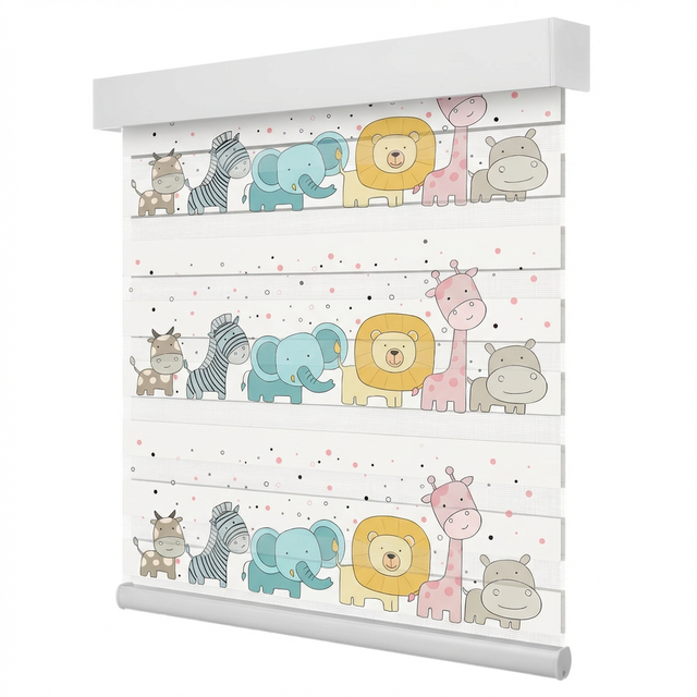 ZSTARR Custom Cartoon Animals Printed Window Zebra Roller Blinds White Fabric Mini Banded Shades for Kids Children Nursery Room