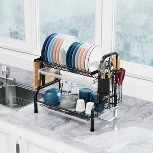 Égouttoir à vaisselle à 2 niveaux en acier inoxydable, support de séchage de vaisselle à deux niveaux, organisateur de vaisselle de cuisine avec plateau de drainage - Product Image 4