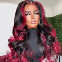 Perruque Lace Frontale HD Transparente 5x5 sans colle, Cheveux Humains Vierges Brésiliens, Ondulation Body Wave Rose Bourgogne, pour Femmes Noires