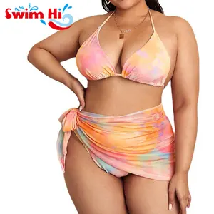 Custom Tie Dye Long Strap Multi Way Plus Size Swimwear Xxl Xxxl Beach Sarong Bikini 3 Piece Bikini Set