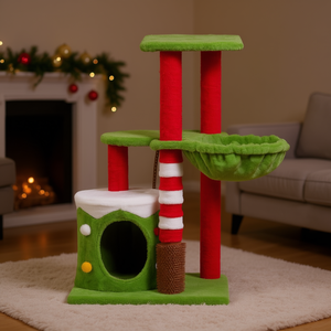 ต้นไม้แมวตุ๊กตาธีมคริสต์มาสขนาด 32 นิ้ว พร้อมคอนโด ที่นอน และเสาข่วน สำหรับแมวในบ้าน หอเล่นหลายระดับ - Product Image 2