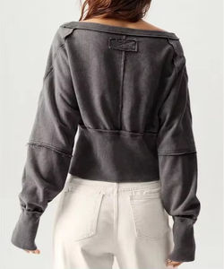 Logo personalizzato a manica lunga accogliente ampio scollo rotondo a punto inverso a punto corto alta elasticizzato <span class=keywords><strong>in</strong></span> <span class=keywords><strong>vita</strong></span> <span class=keywords><strong>felpa</strong></span> da donna - Product Image 4