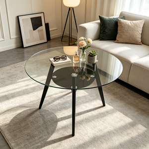 Table basse minimaliste ronde en verre trempé, support noir solide à trois pieds, pour la maison, le salon, le canapé d'hôtel - Product Image 6
