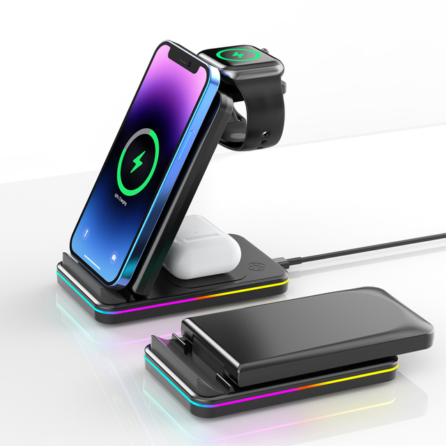 Factory OEM/ODM CE Rhos Portable Desktop Fast 15W Wireless Charger Stand 3 in 1 for Iphone Android