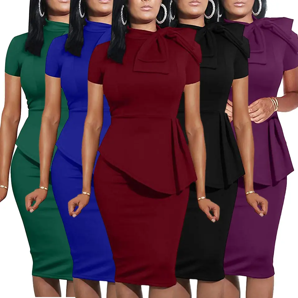 JX5349 High Quality Custom Color Logo Career Dresses Short Sleeve Bowknot Office Dresses Women Formal Work Women Business Dress