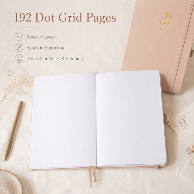 Custom Hardcover Dot Grid Notebook Pink Linen Cover Gold Ginkgo Foil 192 Pages Dual Ribbon Elastic Band Gift OEM Bulk