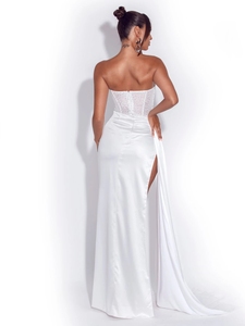 Abito da sposa <span class=keywords><strong>bianco</strong></span> corsetto in raso abito <span class=keywords><strong>lungo</strong></span> abito da sera da sera a fessura alta - Product Image 3