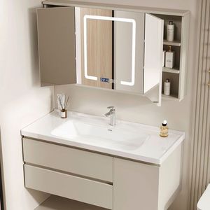 Mueble de Baño Color Crema con Espejo, Lavabo Integrado de Cerámica, Gabinete de Almacenamiento Inteligente para Baños Modernos - Product Image 1