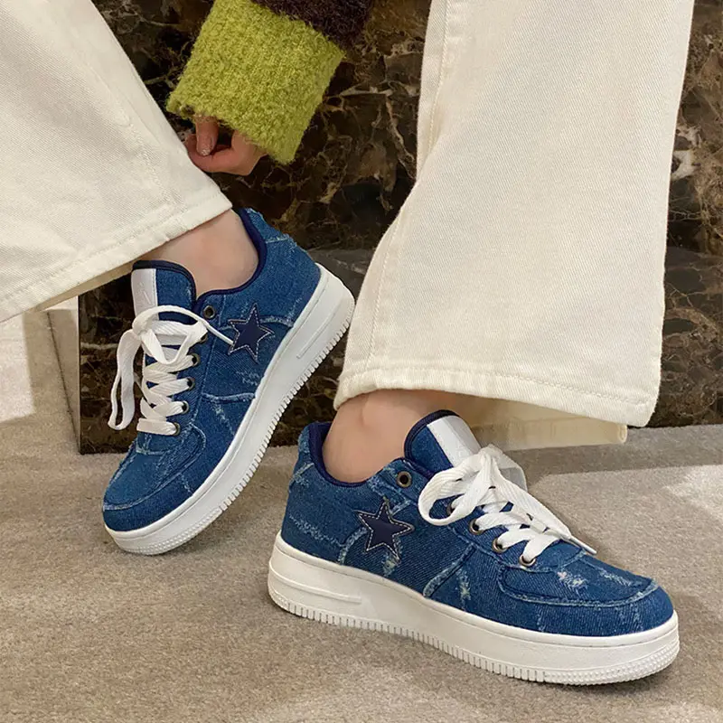 Hochwertige Damen dicke Sohlen starke verschleiß feste Jeans Mode Herren Canvas Skateboard Wanderschuhe