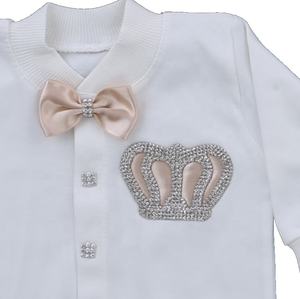 3 piezas de tela de algodón de punto al por mayor personalizado moderno de lujo de alta calidad Beige manga larga bebé niños primavera mameluco conjunto - Product Image 2