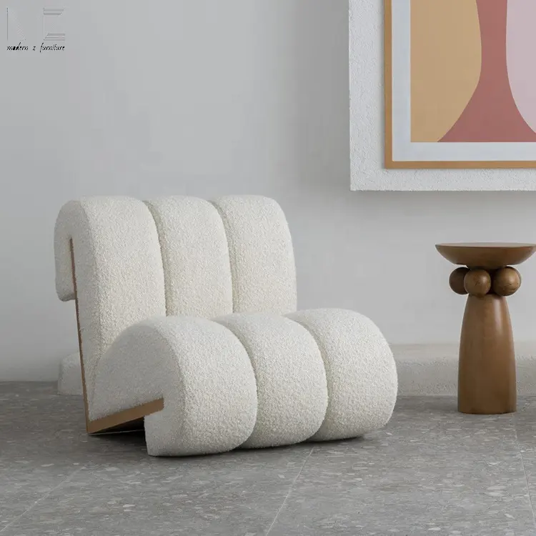 Mobili da soggiorno nordici moderno per il tempo libero in legno bianco Boucle Lounge Sofa Chair L Shape Slipper Cream sedia con accento di pelle di pecora