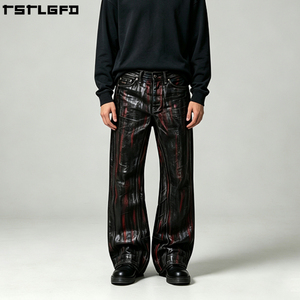 Jean baggy à coupe et couture, effet ciré, clouté, en denim épais, à rayures rouges, coupe large, style Darkwear, en gros - Product Image 1