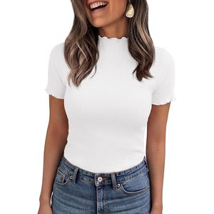 Camiseta de manga corta acanalada para mujer, top básico ajustado con cuello simulado y volantes, ropa informal para primavera y verano - Product Image 5