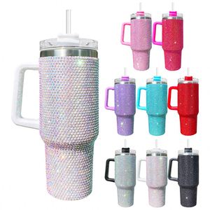 Gobelet de luxe super scintillant et tendance, entièrement recouvert de strass, orné de pierres, avec poignée et paille - Product Image 1