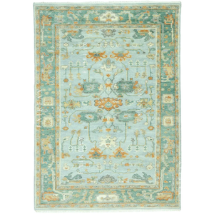Elegante Alfombra Oushak Moderna Hecha a Mano, Alfombra Turca Azul Claro y Verde, Alfombra Suave en Tonos Pastel - Product Image 1