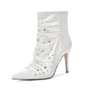 Wedding Styles Women Stiletto Thin Heels Short <b>Boots</b> Big Size 46 Shiny Rhinestones Silk Shoes Wide Fit Ankle White Booties - Product Image 1