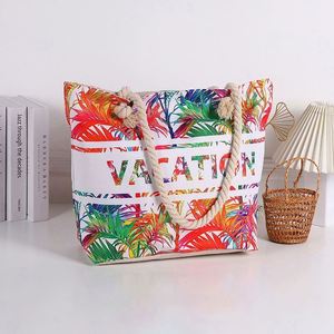 Sac fourre-tout d'été en coton pour la plage, sac à bandoulière en toile pour femme avec poignée en corde – Vente chaude - Product Image 3