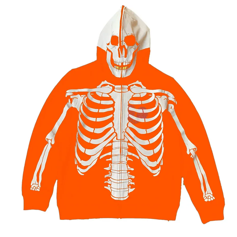 New Fashion Custom Skeleton Printed Full Face Zip Hoodie Streetwear Heavy Weight Men's Full Zip Up Hoodie