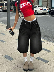 Commercio estero transfrontaliero <span class=keywords><strong>pantaloni</strong></span> corti americani in Denim retrò per <span class=keywords><strong>donna</strong></span> <span class=keywords><strong>pantaloni</strong></span> alla moda strappati <span class=keywords><strong>neri</strong></span> a gamba larga di media lunghezza - Product Image 6