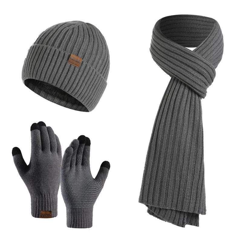 Оптовая продажа, зимние теплые плотные вязаные шапки-бини для мужчин и женщин, шарф, перчатки, наборы унисекс, уличные перчатки для сенсорных экранов для женщин