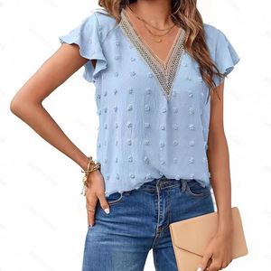 2025 verano para <span class=keywords><strong>Amazon</strong></span> Blusa de gasa de moda transfronteriza para mujer Europeo Americano Casual cuello en V fruncido Puff <span class=keywords><strong>manga</strong></span> sólida - Product Image 6