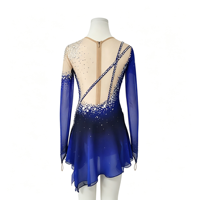 Robe de patinage artistique bleu royal et noir à strass dégradés, dos ouvert croisé, pour compétition de patinage sur glace