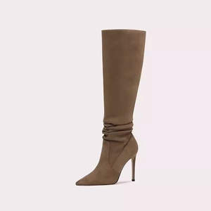 <span class=keywords><strong>Bottes</strong></span> à mollets larges pour femmes genou haut chaussures en tissu pour femmes haut pointu talon aiguille <span class=keywords><strong>bottes</strong></span> hautes <span class=keywords><strong>marron</strong></span> foncé automne nouveau - Product Image 1