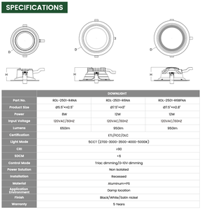 Plafonnier LED encastré 7,5 pouces 12W, 5 températures de couleur, dimmable Triac, IRC90, pour salle de bain résidentielle - Product Image 2