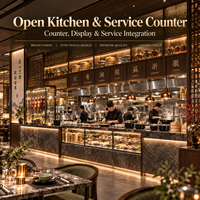 Aménagement clé en main pour restaurant chinois : cloison en bois, vitrine, mobilier complet pour la restauration régionale.