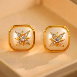 Pendientes de Mujer Estilo Retro Francés, Nuevos, de Alta Gama, Lujo, Estrella Octogonal, Imitación de Perla, Geometría Exquisita, Oro y Cobre, Regalo - Product Image 3