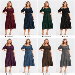 Vestido Casual Chic de Estilo Prairie para Mujer Talla Grande, de Gasa con Estampado Floral, Corte en A, Manga Abullonada, Cuello Cuadrado y Largo hasta la Rodilla - Product Image 2