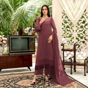 Traje de Rayón Bordado Color Granate para Mujer con Dupatta, Estilo Tradicional Indio-Pakistaní, Largo hasta el Suelo, Corte Regular, Ropa Casual - Product Image 1