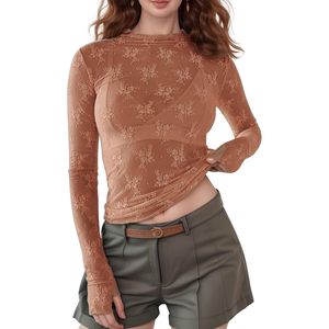 Top de Mujer Transparente con Encaje Floral, Cuello Alto, Manga Larga, Malla Transparente, Ajustado, Informal, para Uso Diario - Product Image 1