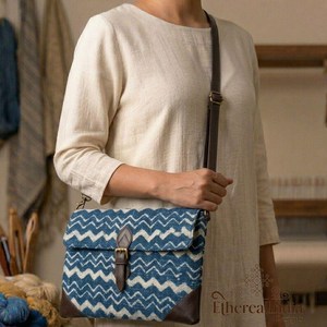 Blue Ikat Block Print Sling Bag Wholesale Boho Chevron Cotton Crossbody Purse Handmade <b>Shoulder</b> Bag Export India - Product Image 2
