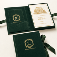 Boîtes d'invitation de mariage en velours avec monogramme et croquis de villa en feuille d'or personnalisée, carte RSVP, invitations de mariage élégantes et luxueuses