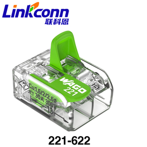 Connecteurs de fils 2 broches 6mm Matériaux verts Certifications ROHS Bornier Connexion rapide 450V 41A Wagos 221-622 Insert Laiton - Product Image 1
