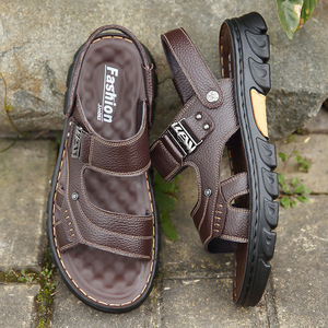 Sandales pour hommes en cuir de vachette première couche, à brides croisées, bout ouvert, semelle extérieure en caoutchouc antidérapante, chaussures décontractées d'été - Product Image 4