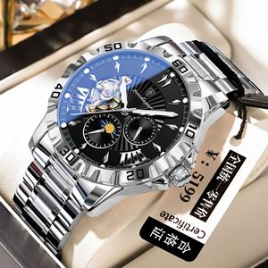 Montre mécanique automatique pour homme Poedagar, cadran rond de 43 mm, bracelet en acier inoxydable, étanche, affichage lumineux des phases lunaires - Product Image 1