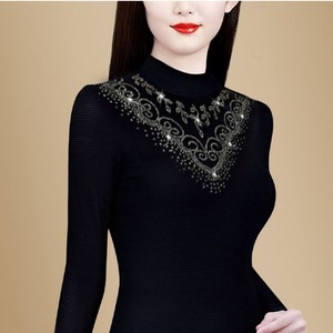 Women's Knit <b>Top</b> Long Sleeve Black Ribbed Semi High Neck Fleece Lined Warm Base <b>Layer</b> Autumn Winter Soft Geometric Pattern - Product Image 4
