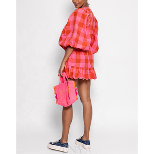 Enya Phụ Nữ Tùy Chỉnh Ngắn Ăn Mặc Lớn Màu Đỏ Màu Hồng <span class=keywords><strong>Gingham</strong></span> Mô Hình Tắt Vai Mini Ăn Mặc Giám Mục Tay Áo Chất Lượng Polyester Bông Ăn Mặc - Product Image 2