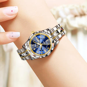 Binbang Women's Quartz Watch Blue Dial Stainless Steel Band Dual Calendar Luminous Waterproof Analog Wristwatch For Female - Product Image 2