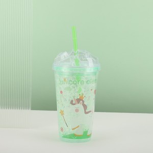 Trendy 450ml Blue Pink Green Purple Four Shades Cartoon Unicorn Double Wall Plastic Straw Cup with Diamond Shaped Dome Lid - Product Image 1