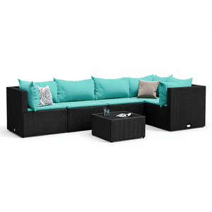 Ensemble de salon d'extérieur noir avec coussins turquoise, 6 places, en rotin, mobilier de jardin, sectionnel, design contemporain, résistant aux intempéries - Product Image 1