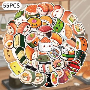 55 pièces/sac Autocollants en vinyle personnalisés imprimés dessin animé Sushi Étiquette imperméable durable écologique Décoration de la maison Emballage Récompense - Product Image 4