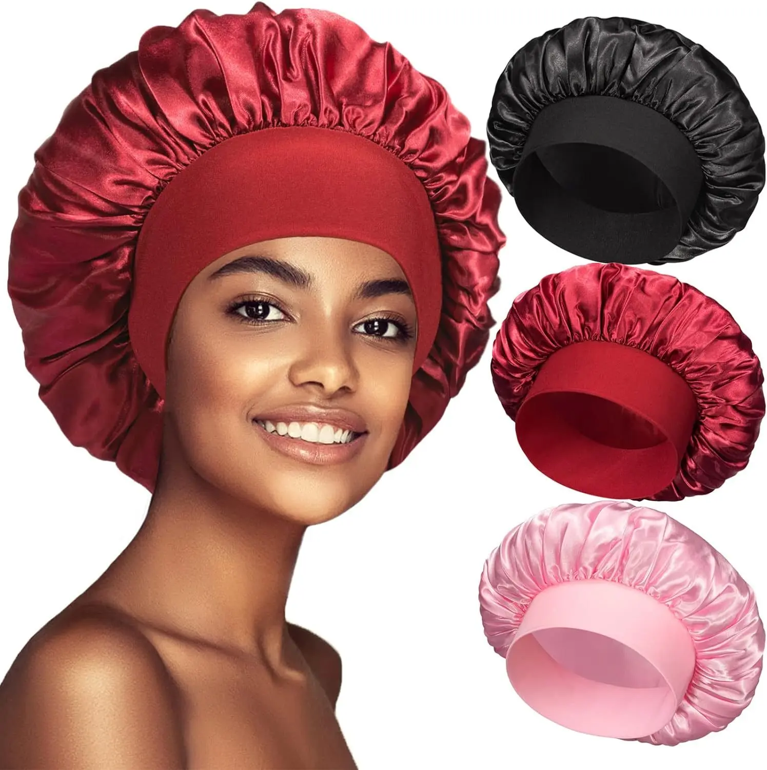 Protection des cheveux pour femmes Grand bonnet de nuit Bonnet de douche en soie satinée élastique et extensible Bonnet de sommeil en satin à large bande