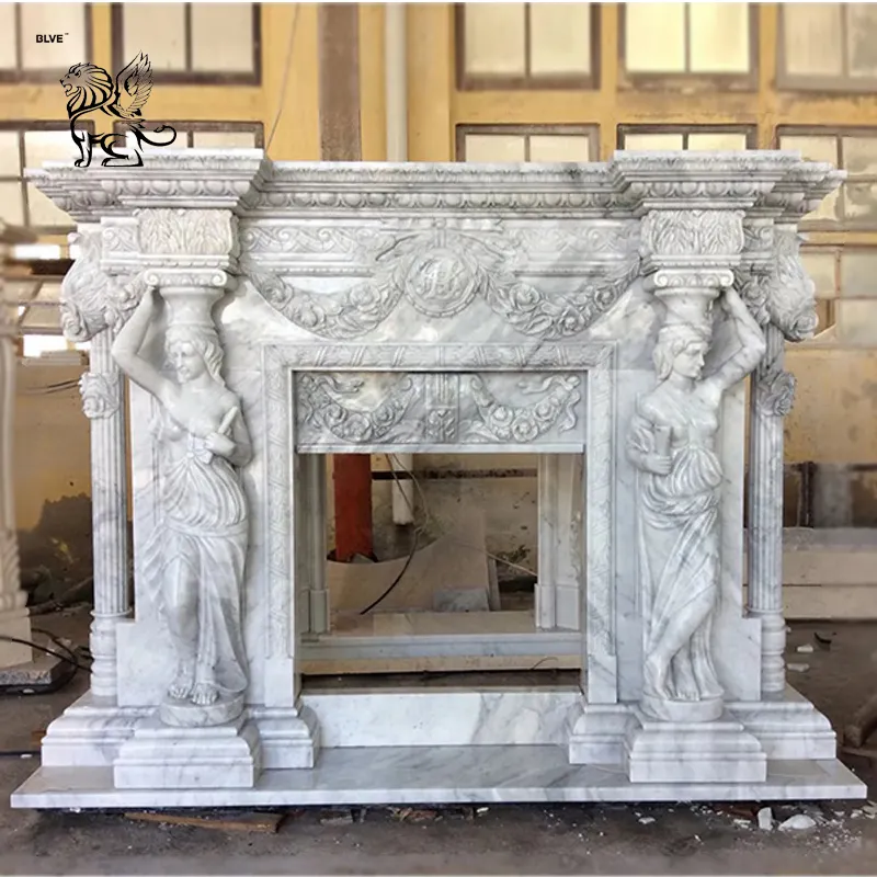 BLVE Popular Design Hand Carved Decorative Woman Statues Fireplace Mantles Carrara White Marble Fireplace for villa interior