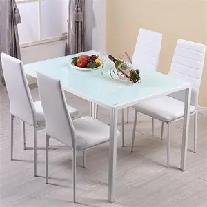 Ensemble table à manger en acier inoxydable, 4 pièces, meuble de salle à manger carré en verre blanc, 8 places