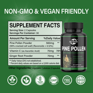 Suplementos Dietéticos OEM ODM en Cápsulas de Extracto de Polen de Pino con Raíz de Jengibre y Vitamina C, Veganos, Sin OMG, para el Apoyo Inmunológico - Product Image 4