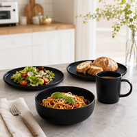 Service de table en céramique de luxe noir mat 4 pièces, compatible lave-vaisselle et four, avec assiettes, bols et tasses à café